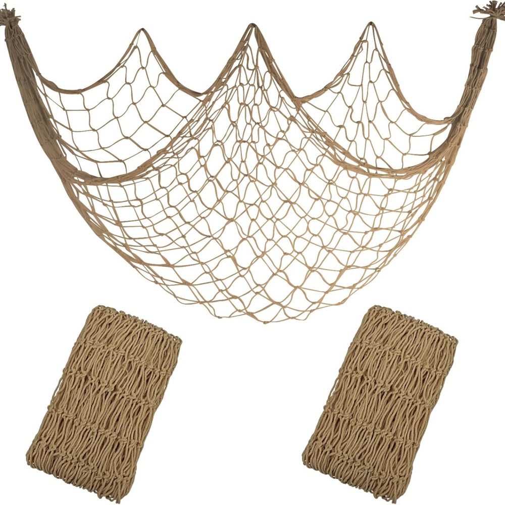 2 Pack Fish Net Decorations - 80x40 Inch Brown Fishing Net Decor for Under The Sea Hawaiian Beach Themed Party, 3mm Thick Natural Cotton Versatile Nautical Netting for Party Wall Table Ceiling Decor