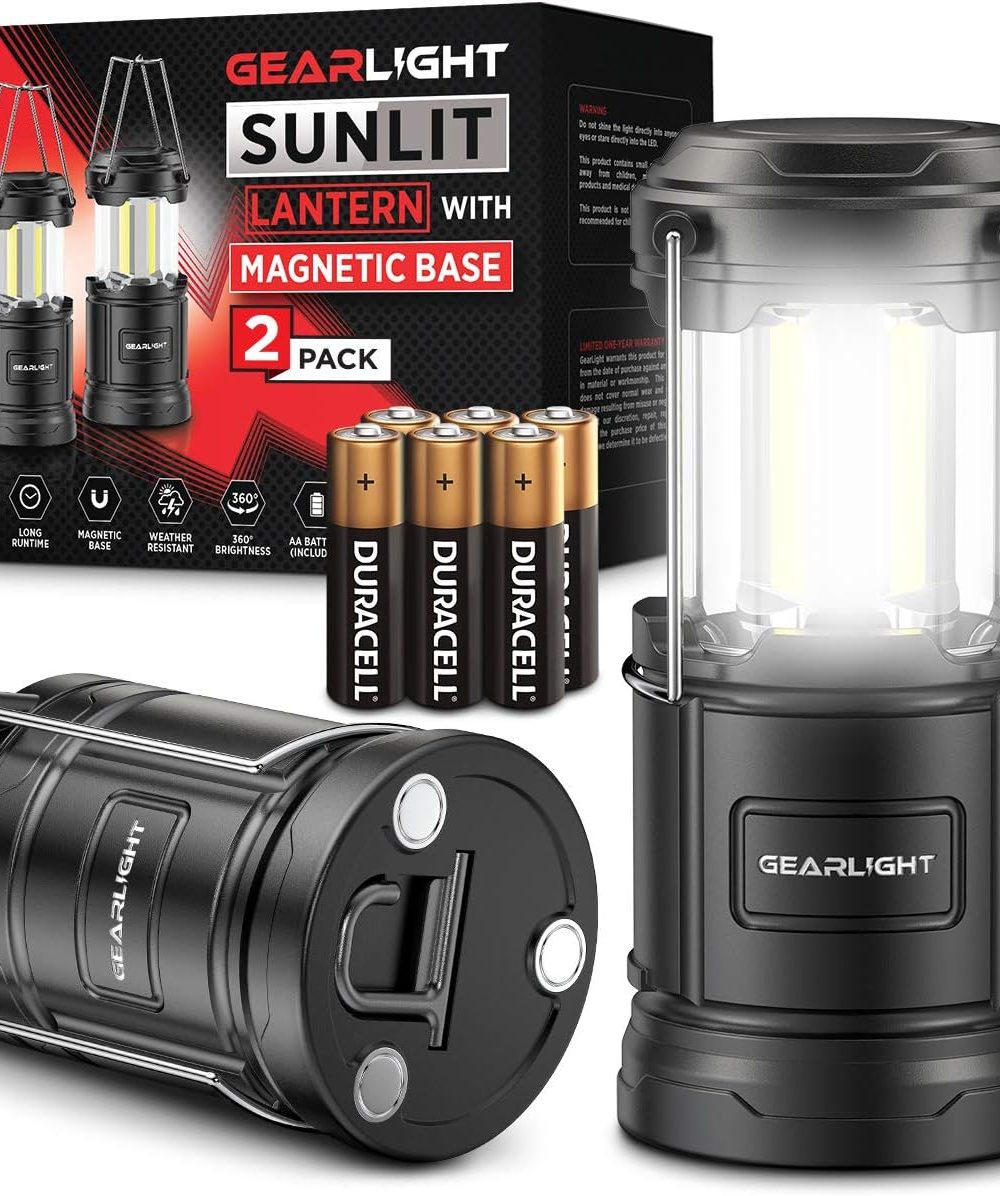 GearLight Camping Lantern - 2 Portable LED Battery Powered Lantern with Magnetic Base and Foldable Hook for Emergency Use or Campsites, Essential Hurricane Survival Kit with Batteries