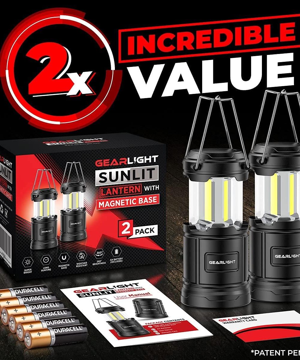 GearLight Camping Lantern - 2 Portable LED Battery Powered Lantern with Magnetic Base and Foldable Hook for Emergency Use or Campsites, Essential Hurricane Survival Kit with Batteries - Image 3