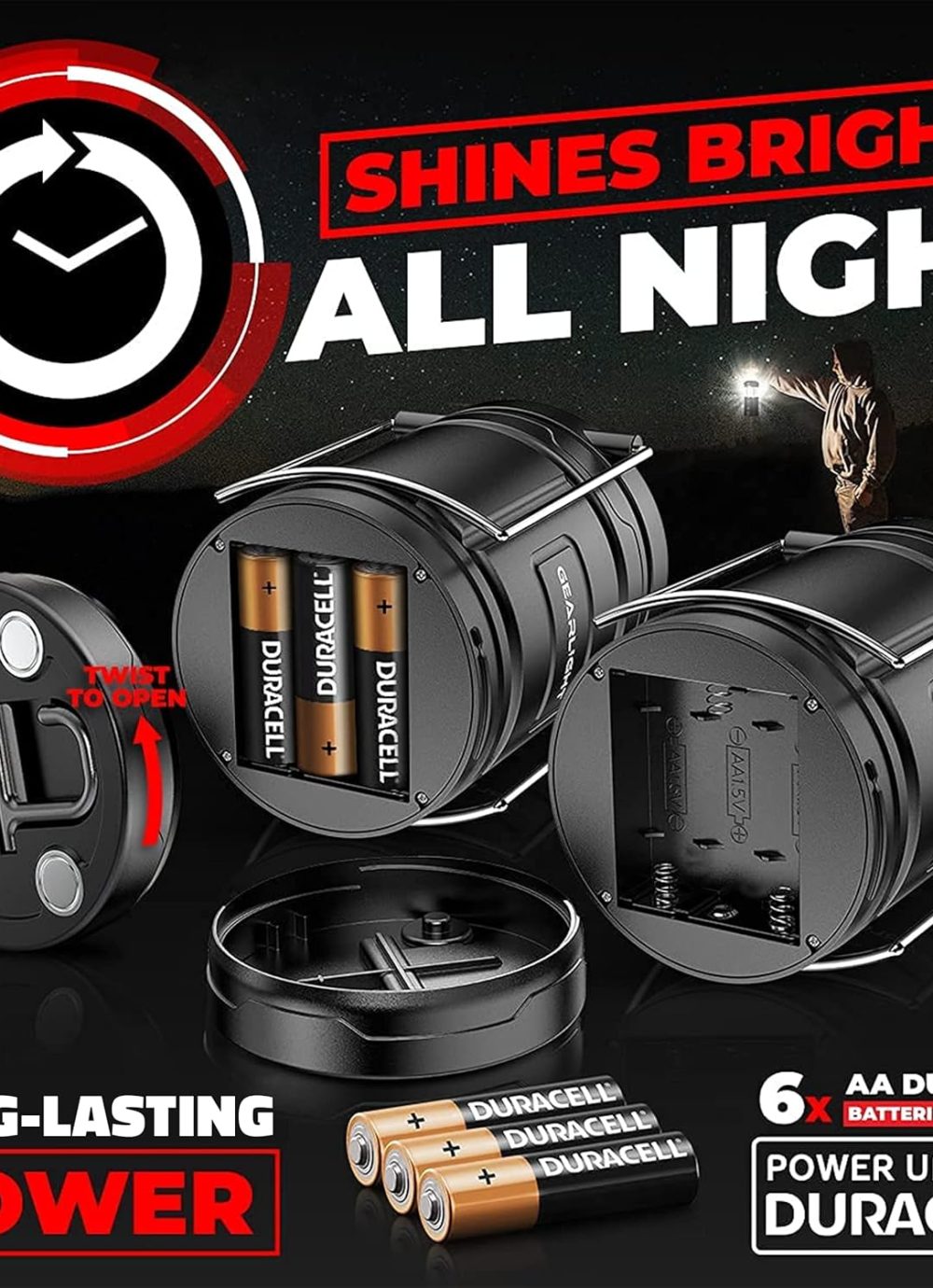 GearLight Camping Lantern - 2 Portable LED Battery Powered Lantern with Magnetic Base and Foldable Hook for Emergency Use or Campsites, Essential Hurricane Survival Kit with Batteries - Image 5