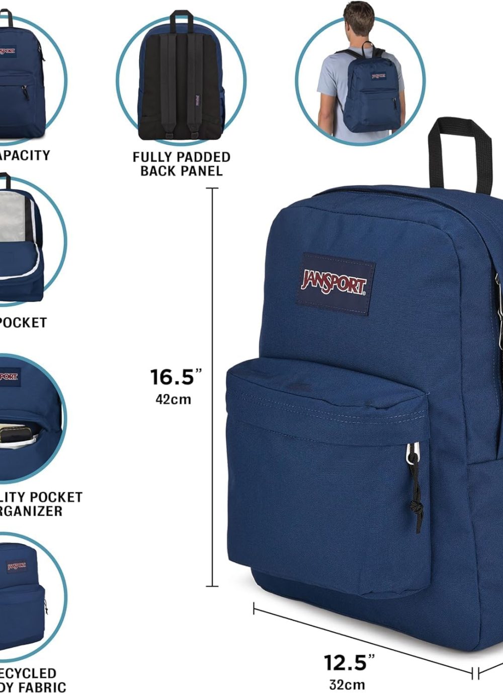 JanSport SuperBreak Plus Backpack with Padded 15-inch Laptop Sleeve and Integrated Bottle Pocket - Spacious and Durable Daypack for Work and Travel - Black - Image 5