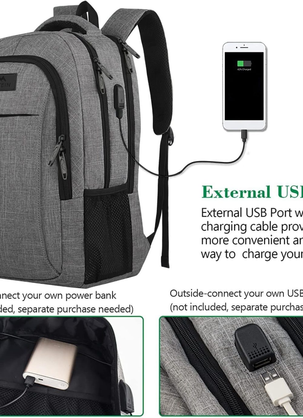 MATEIN Travel Laptop Backpack, Business Anti Theft Slim Sturdy Laptops Backpack with USB Charging Port, Water Resistant College School Computer Bag Gift for Men & Women Fits 15.6 Inch Notebook, Grey - Image 2