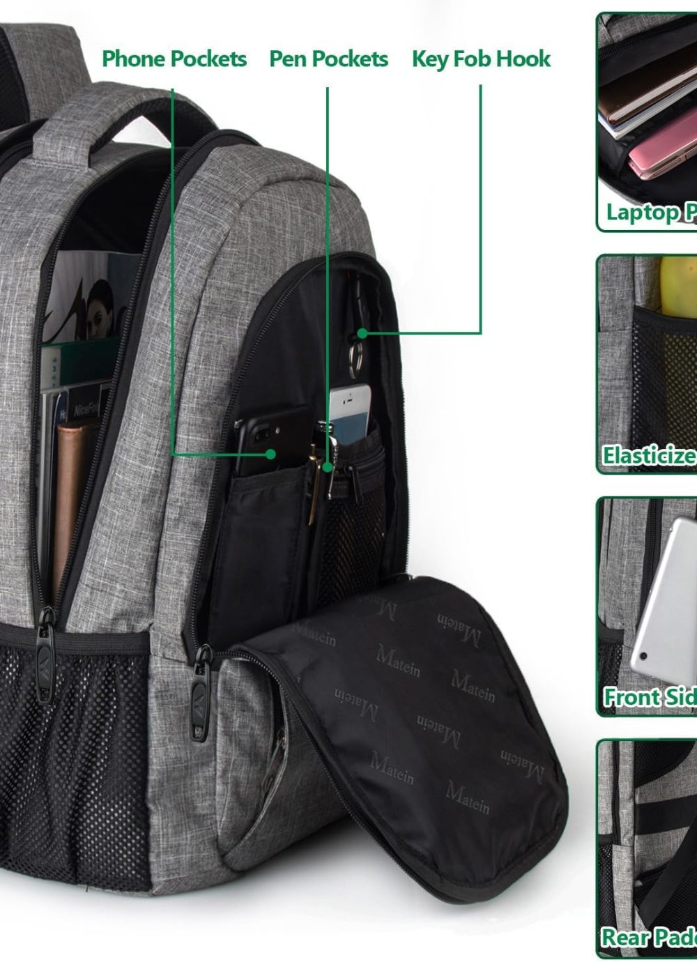 MATEIN Travel Laptop Backpack, Business Anti Theft Slim Sturdy Laptops Backpack with USB Charging Port, Water Resistant College School Computer Bag Gift for Men & Women Fits 15.6 Inch Notebook, Grey - Image 3