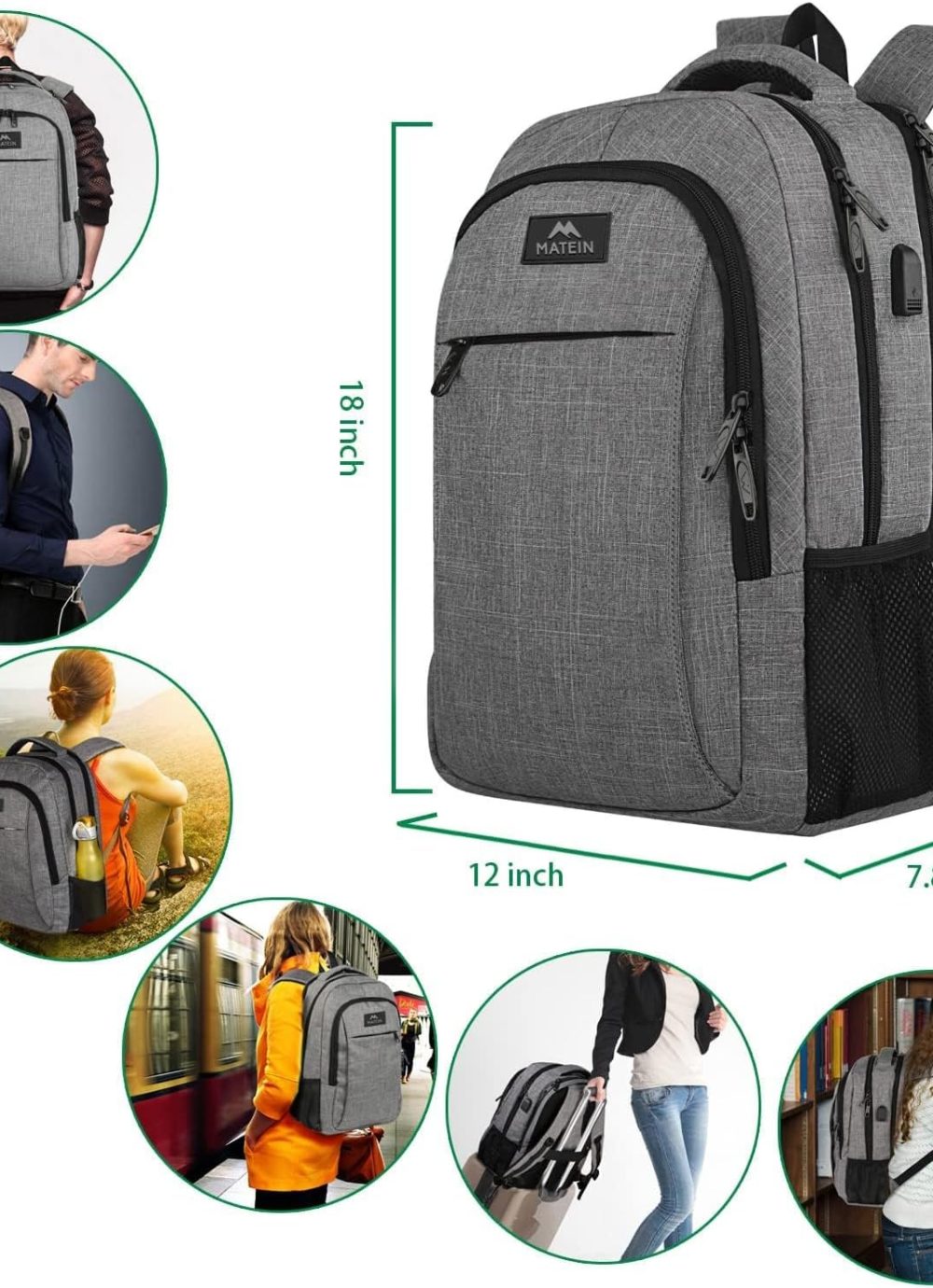MATEIN Travel Laptop Backpack, Business Anti Theft Slim Sturdy Laptops Backpack with USB Charging Port, Water Resistant College School Computer Bag Gift for Men & Women Fits 15.6 Inch Notebook, Grey - Image 4